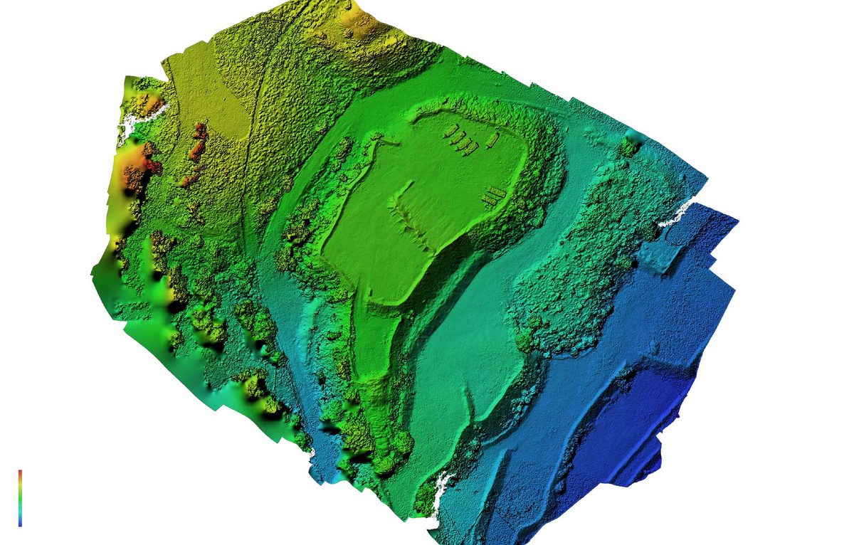 Colour-shaded height map of a hillside site, from blue for low ground to red for high