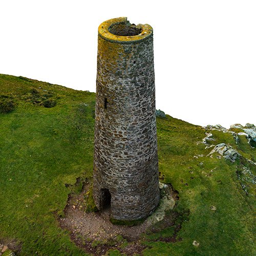 3D model of an old stone tower on a grassy hill